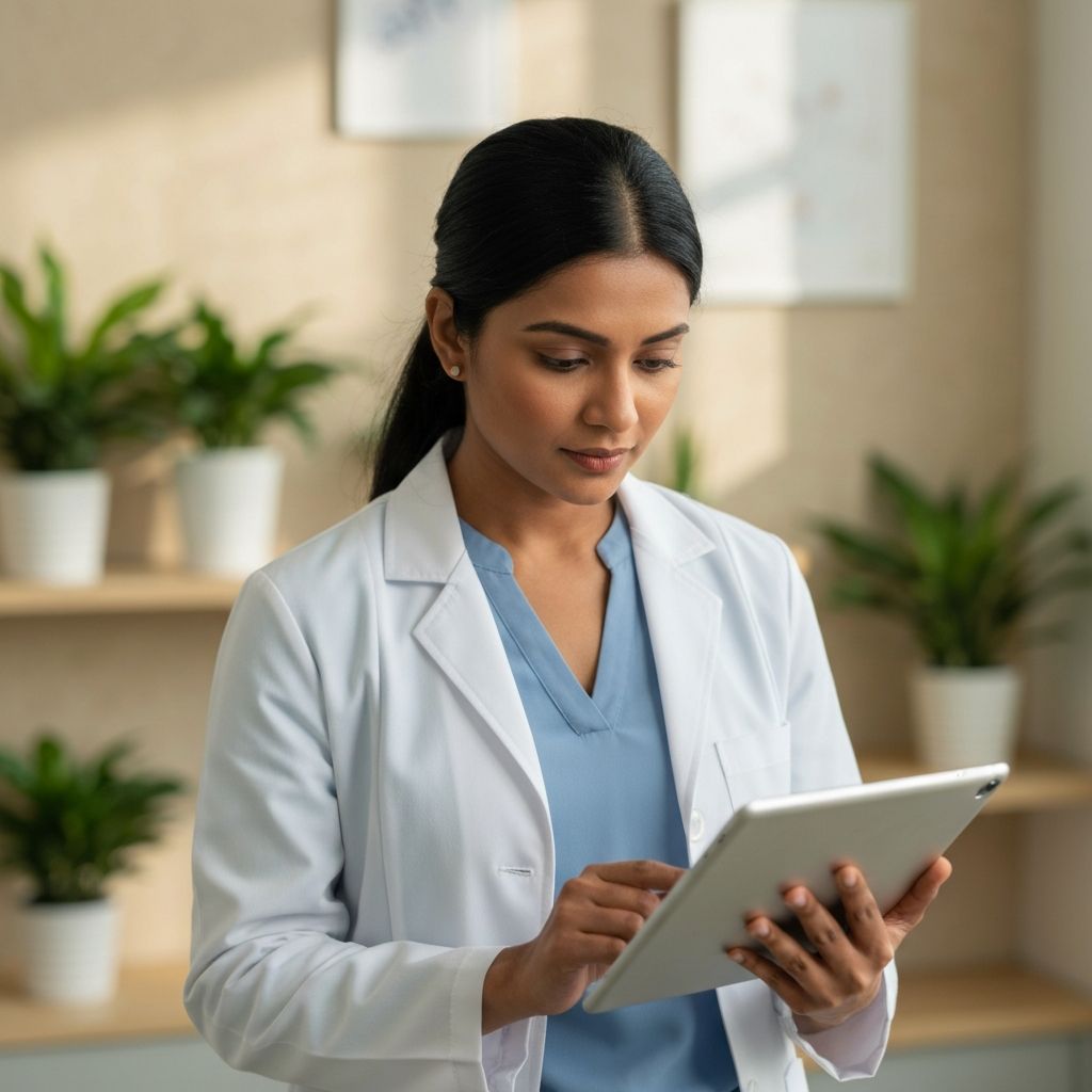 Indian healthcare professional reviewing medical reports